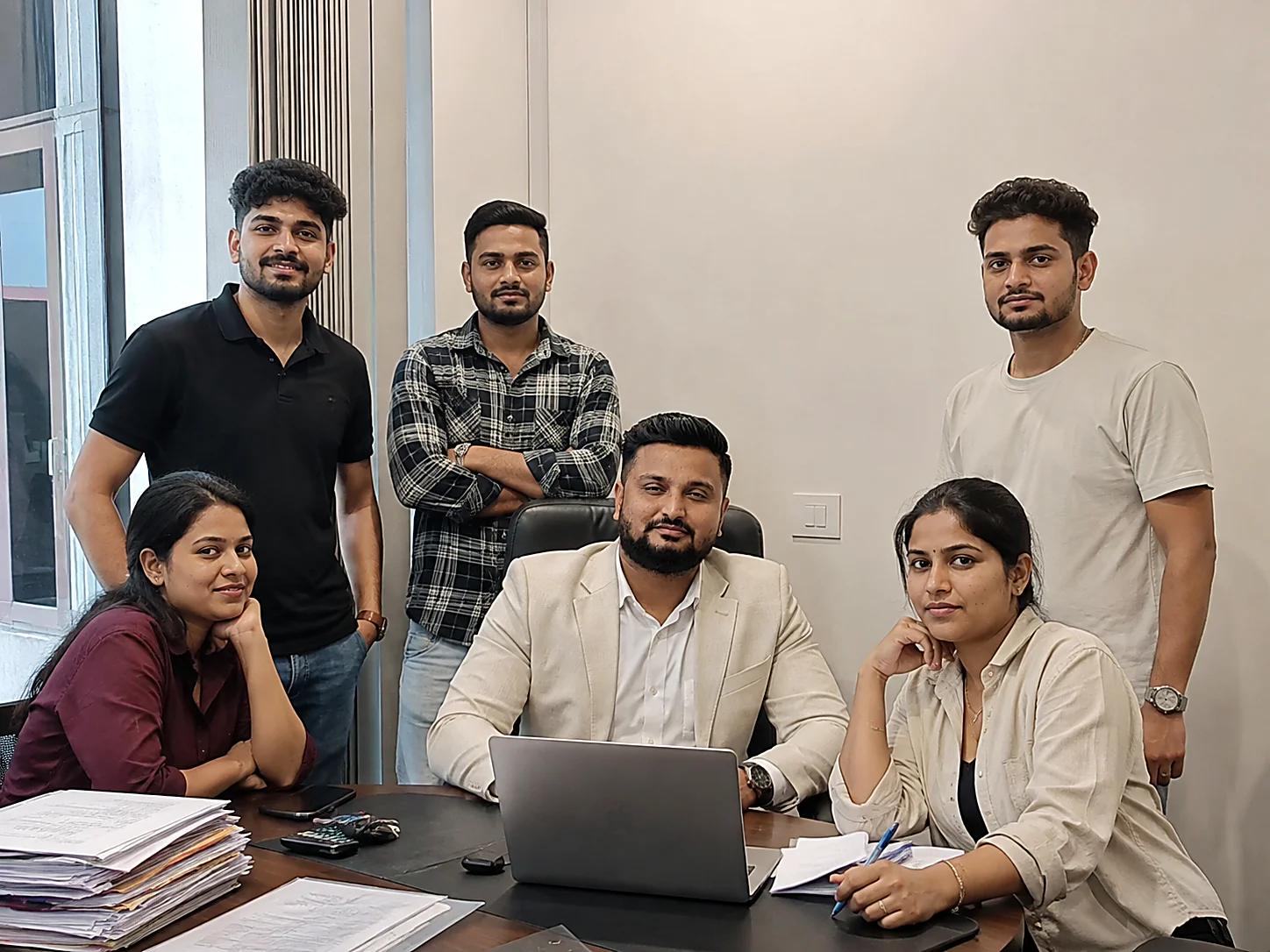 The five-person Ayansh Holidays team at their Jaigaon office, with owner Rajesh Sha seated at the centre