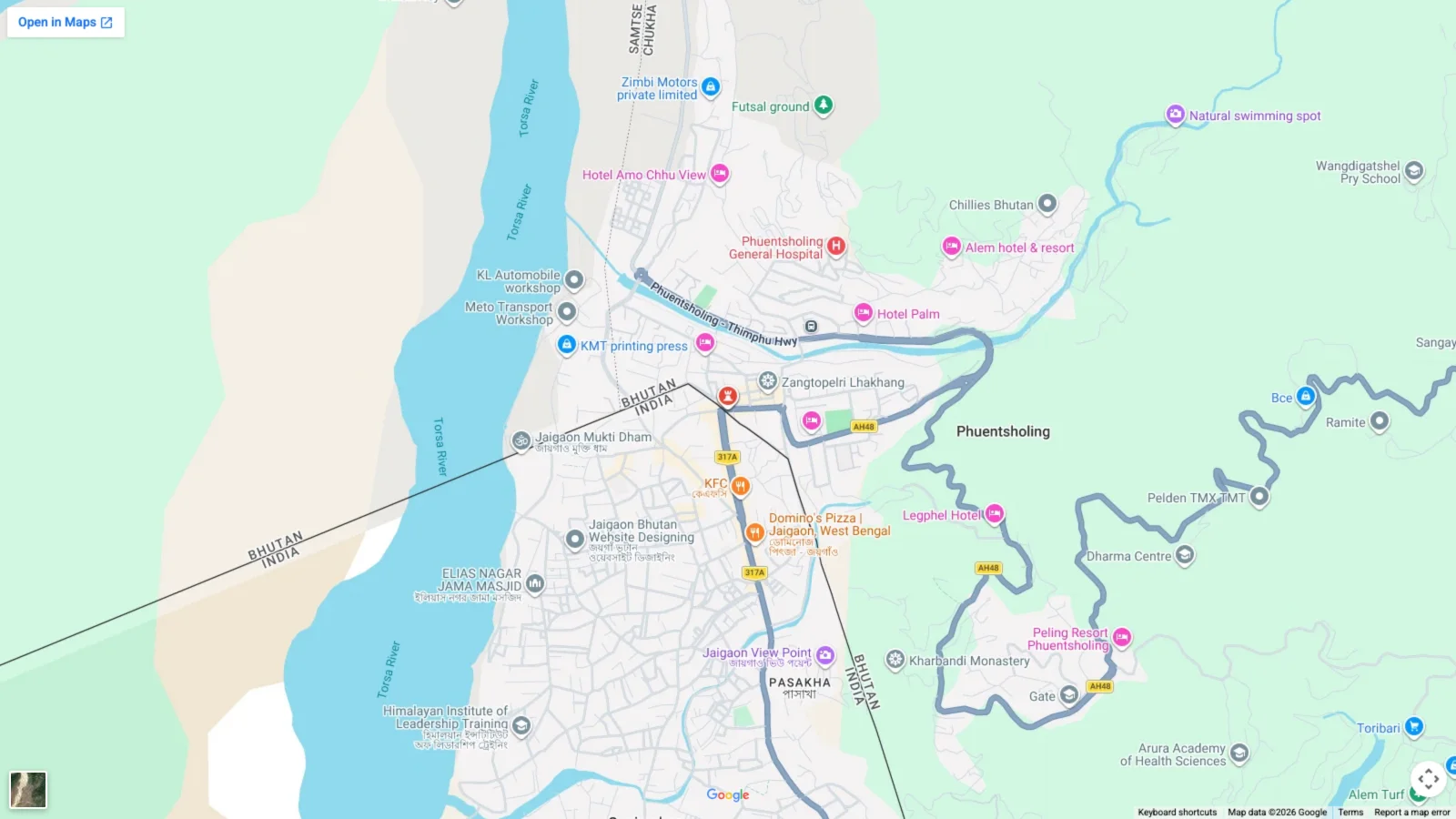Map of the Indo-Bhutan border at Jaigaon and Phuentsholing