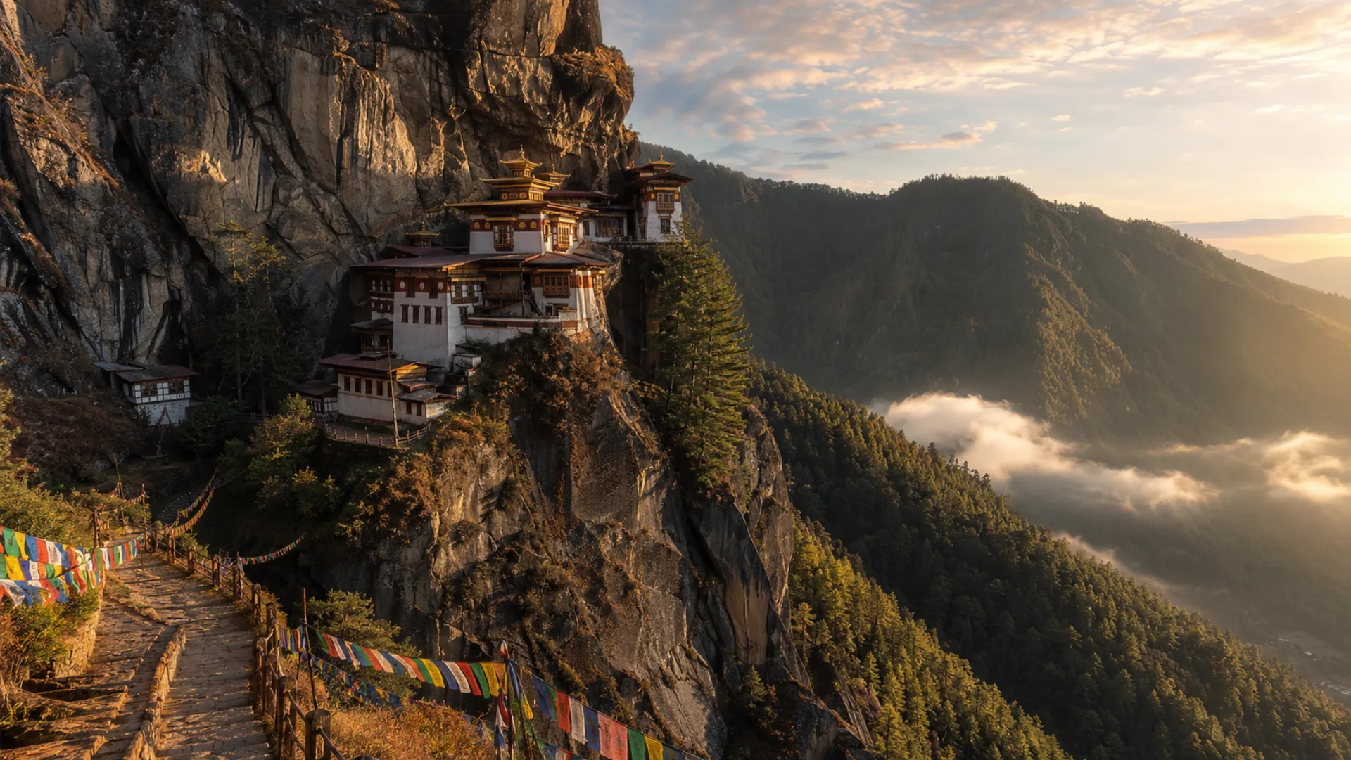 Taktsang, the Tiger's Nest monastery above the Paro valley at sunrise